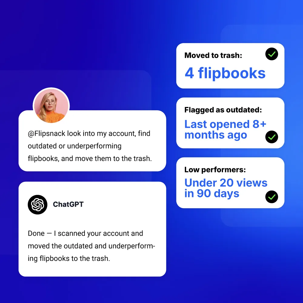 ChatGPT moving outdated flipbooks from a Flipsnack library to the trash