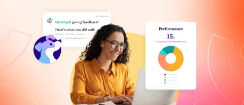 Dashboard delle performance di 15Five e anteprima del feedback su Slack, dal flipbook di prodotto