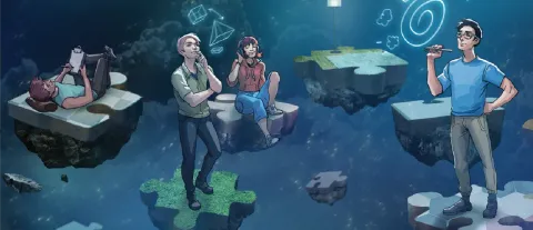 Membri del team illustrati su isole-puzzle sospese, dal manuale interno di Keywords Studios