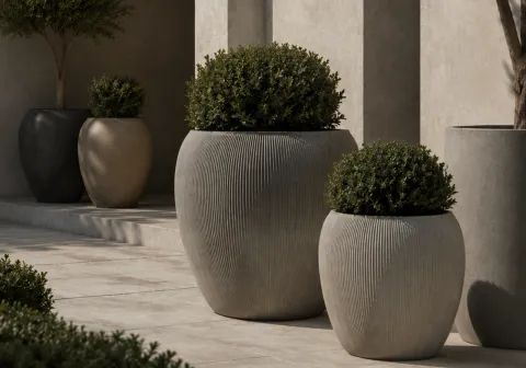 Vasi in pietra rigata con topiaria potata su una terrazza pavimentata, dal catalogo wholesale di Pot Factory Connect