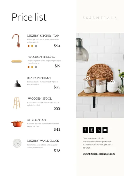 Liste de prix décoration générée dans Flipsnack, avec noms de produits, descriptions et prix mis en page aux couleurs de la marque