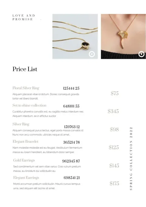 Modèle de liste de prix bijoux modifiable dans Flipsnack, avec photos, noms et prix des produits