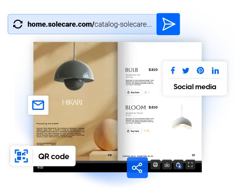 Différentes façons de partager votre liste de prix avec Flipsnack : lien, intégration, e-mail, réseaux sociaux et QR code
