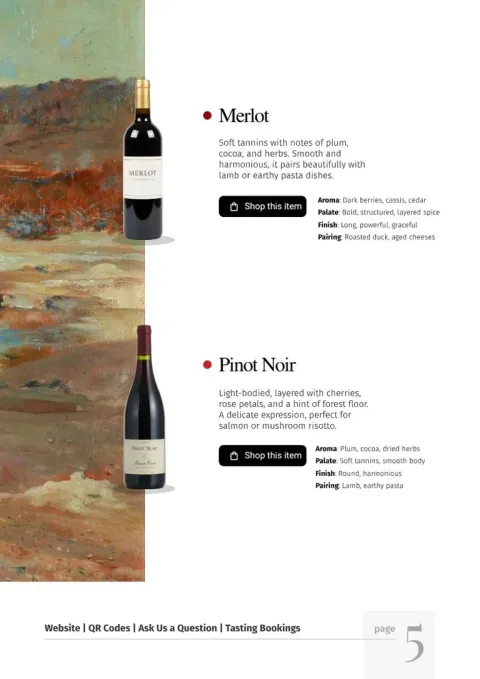 Modèle de carte des vins modifiable dans Flipsnack, avec catégories, notes de dégustation et prix