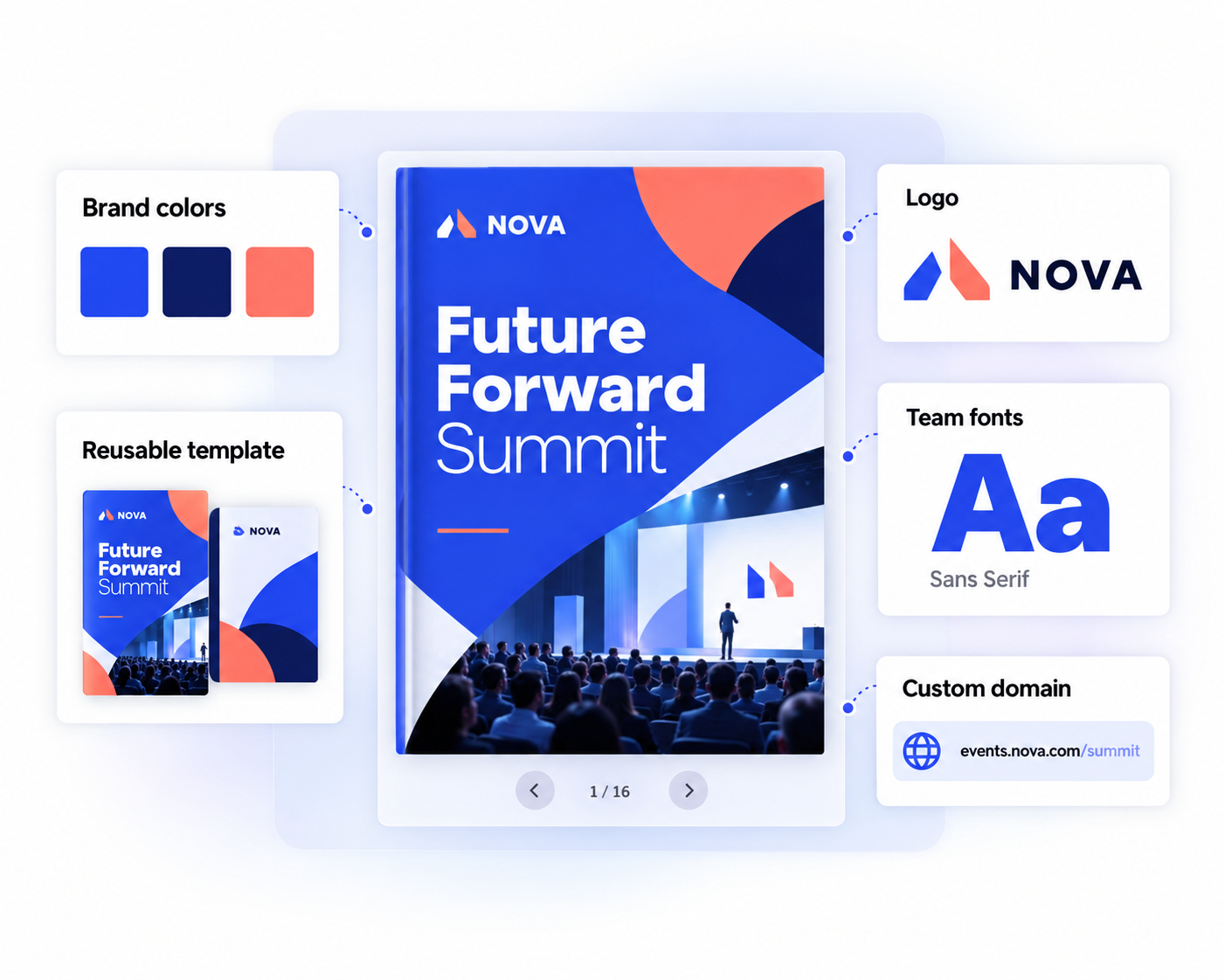 Programa de evento digital personalizado com logotipo próprio, cores da marca e fontes da empresa