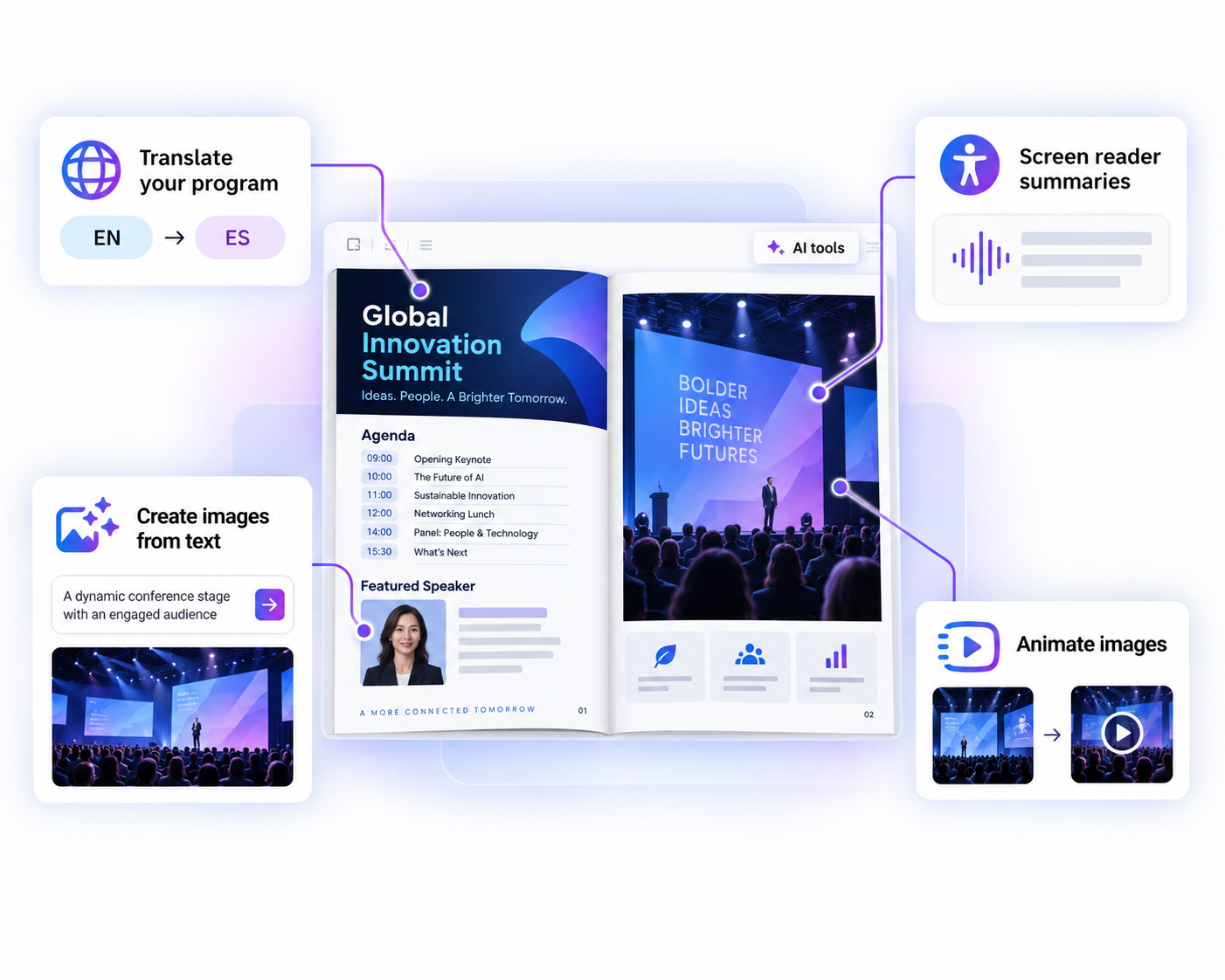 Opções da Flipsnack AI para um programa de evento digital: tradução e geração de imagens