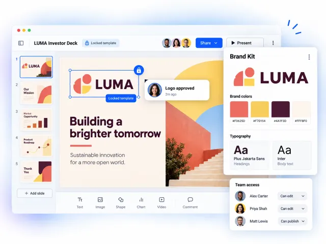 Un Brand Kit condiviso in Flipsnack con il logo, i colori e i caratteri di un team per presentazioni coerenti con il marchio