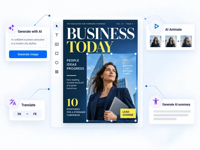 AI image generation for a magazine cover inside Flipsnack Design Studio