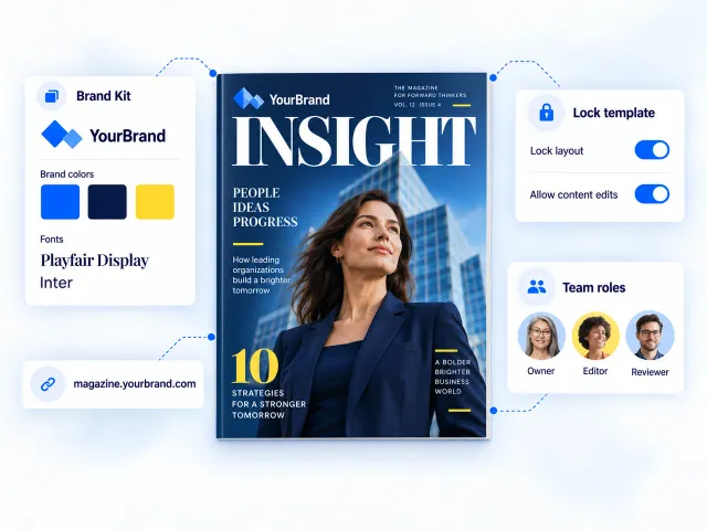 Brand Kit colors, fonts and logo applied to a magazine cover