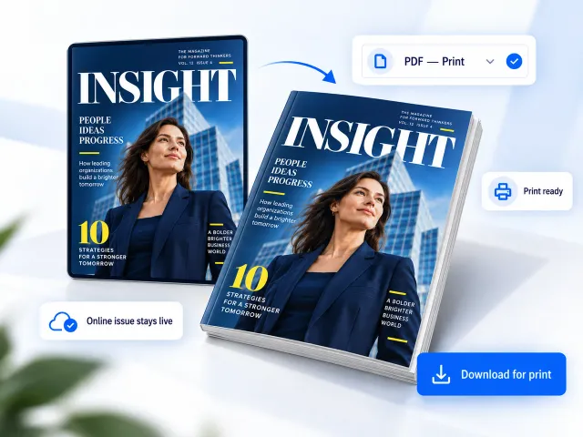 A printed magazine cover next to the same issue published online