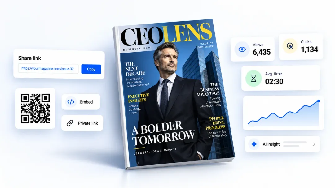 Flipsnack sharing options next to the analytics dashboard for a published magazine