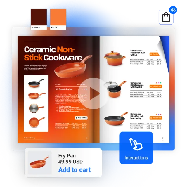 A shoppable digital product catalog spread for ceramic cookware, with product tags, wholesale price tiers and an add-to-cart panel