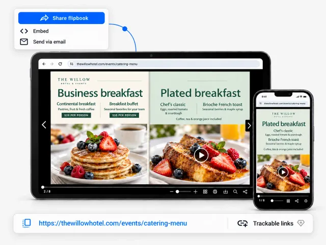 Catering menu shared as one link on a tablet and a phone, with share, embed and email options