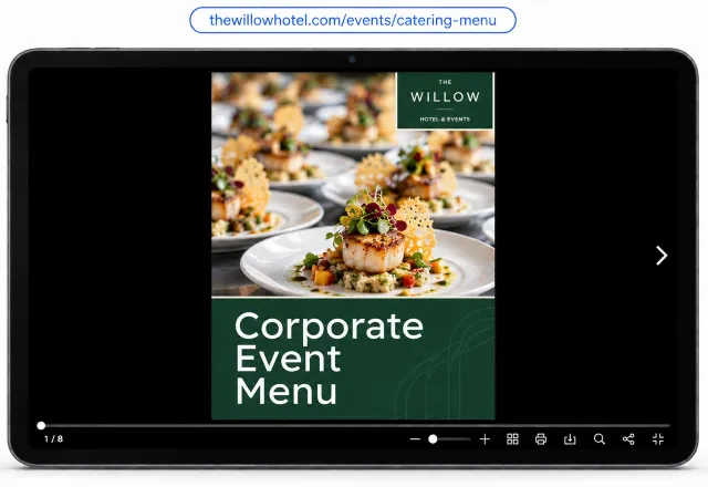 Catering menu for The Willow Hotel open in the Flipsnack player on a tablet, with a plated dish and an event venue video
