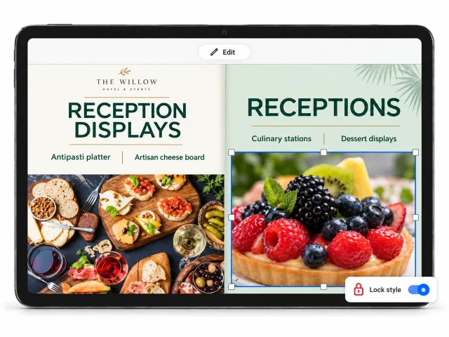 Menu page in the Flipsnack editor with a dish photo selected and Lock style turned on