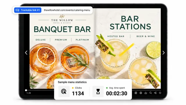 Signature drinks page in a catering menu with a trackable link and sample click and time spent statistics