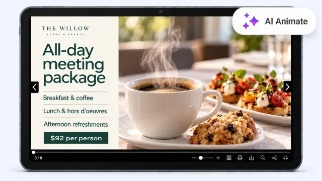 Plated dish in a Flipsnack catering menu with AI Animate adding rising steam
