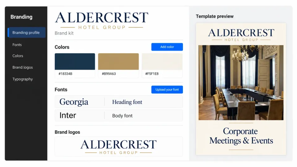 The brand kit for a hotel group, showing each brand's logos, color palette, fonts and approved imagery in one shared library
