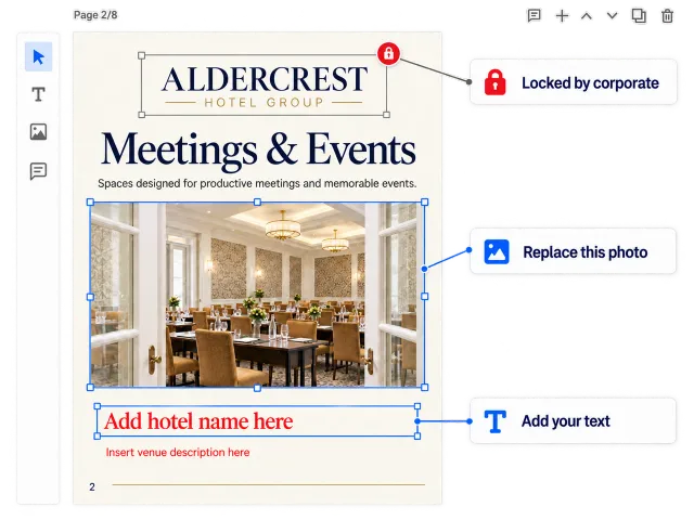 Annotated template mock with editable fields outlined in dashed blue and locked copy in grey