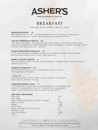 Cover of the asher's breakfast menu by Spencer Hotel