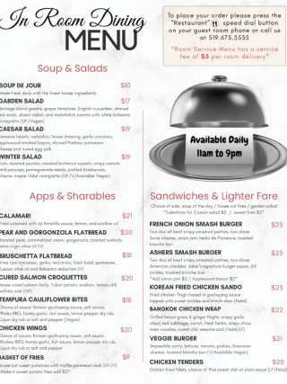 Cover of the in-room dining menu by Spencer Hotel