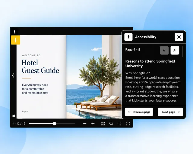A hotel guest guide open in the Flipsnack player with the Accessibility panel beside it, showing the current page's text with controls to resize it and move through the flipbook