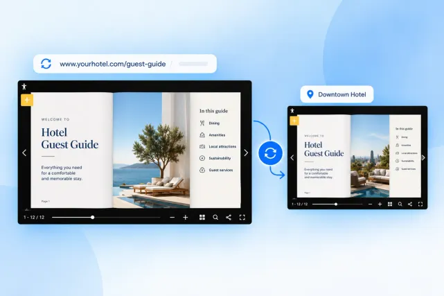 A master template pushing a corrected page description out to several property documents at once