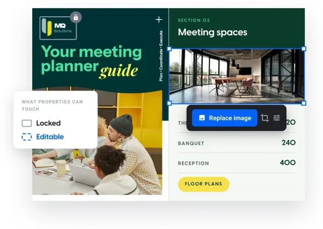 A meeting planner guide open in the Flipsnack editor, with the locked brand layout and an editable image slot