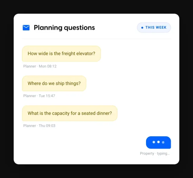 An inbox thread showing three planners asking the same week: how wide is the freight elevator, where do we ship things, and what is the capacity for a seated dinner, with the property team still typing a reply