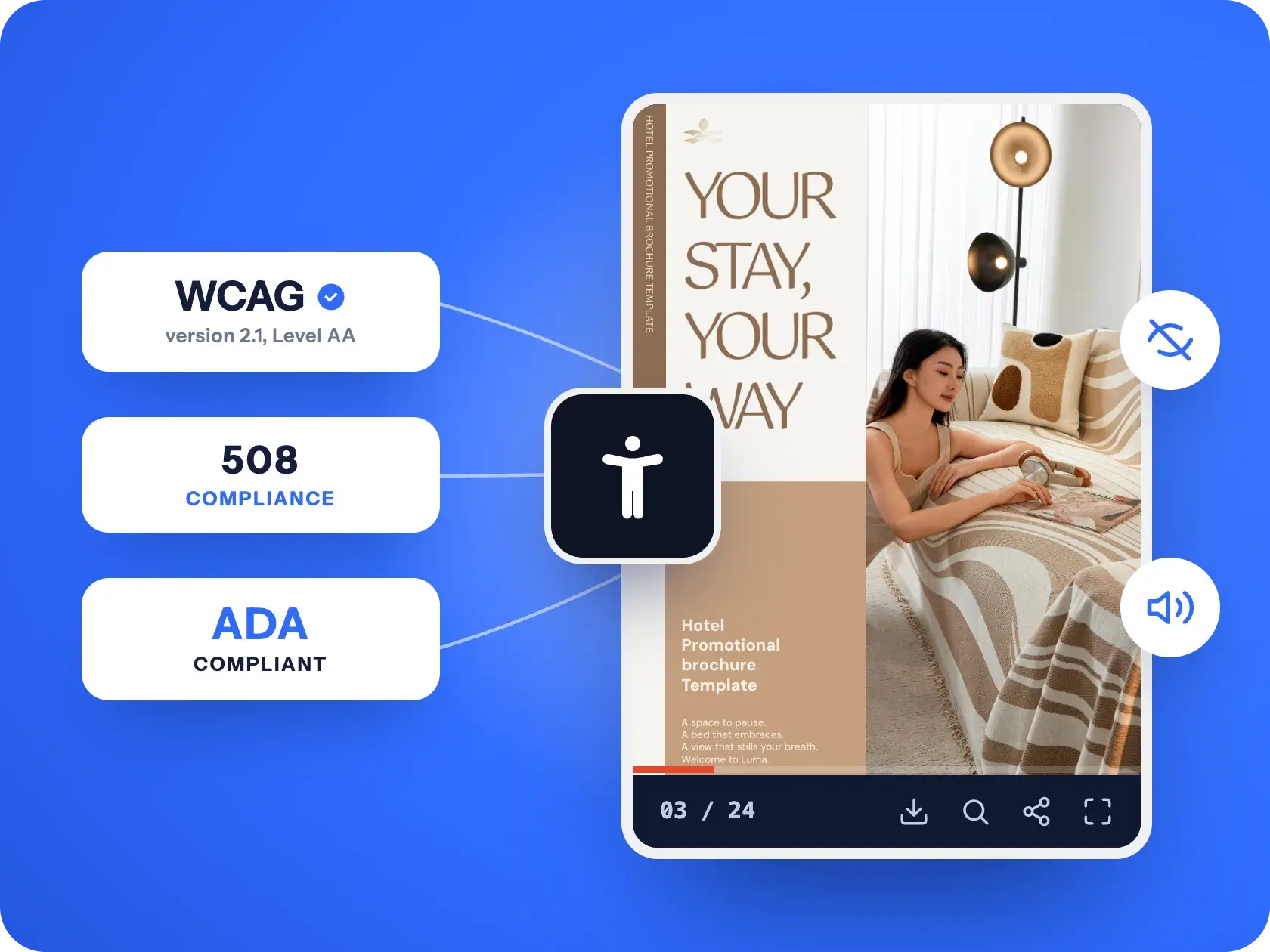 The Flipsnack accessible player with WCAG 2.1 Level AA, Section 508, and ADA compliance badges on a hotel brochure
