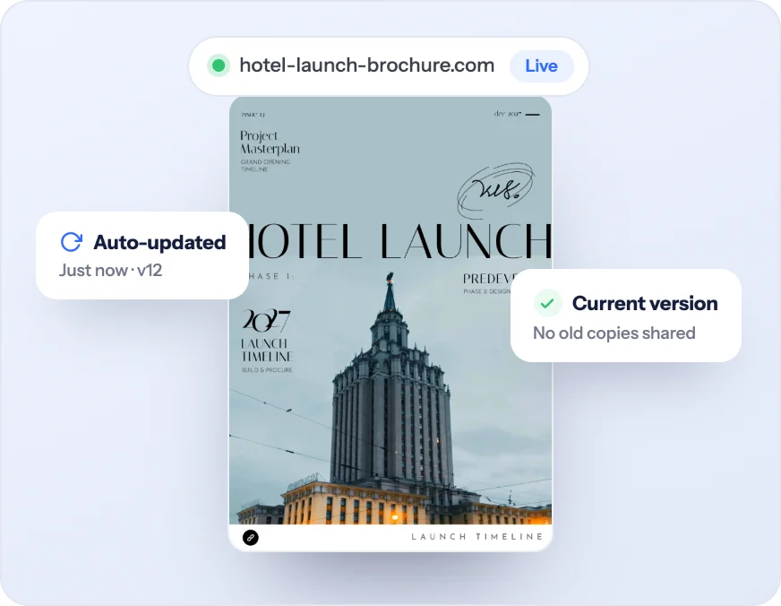A live Flipsnack link for a planner guide marked as the current version, shared with sales, planner, and client
