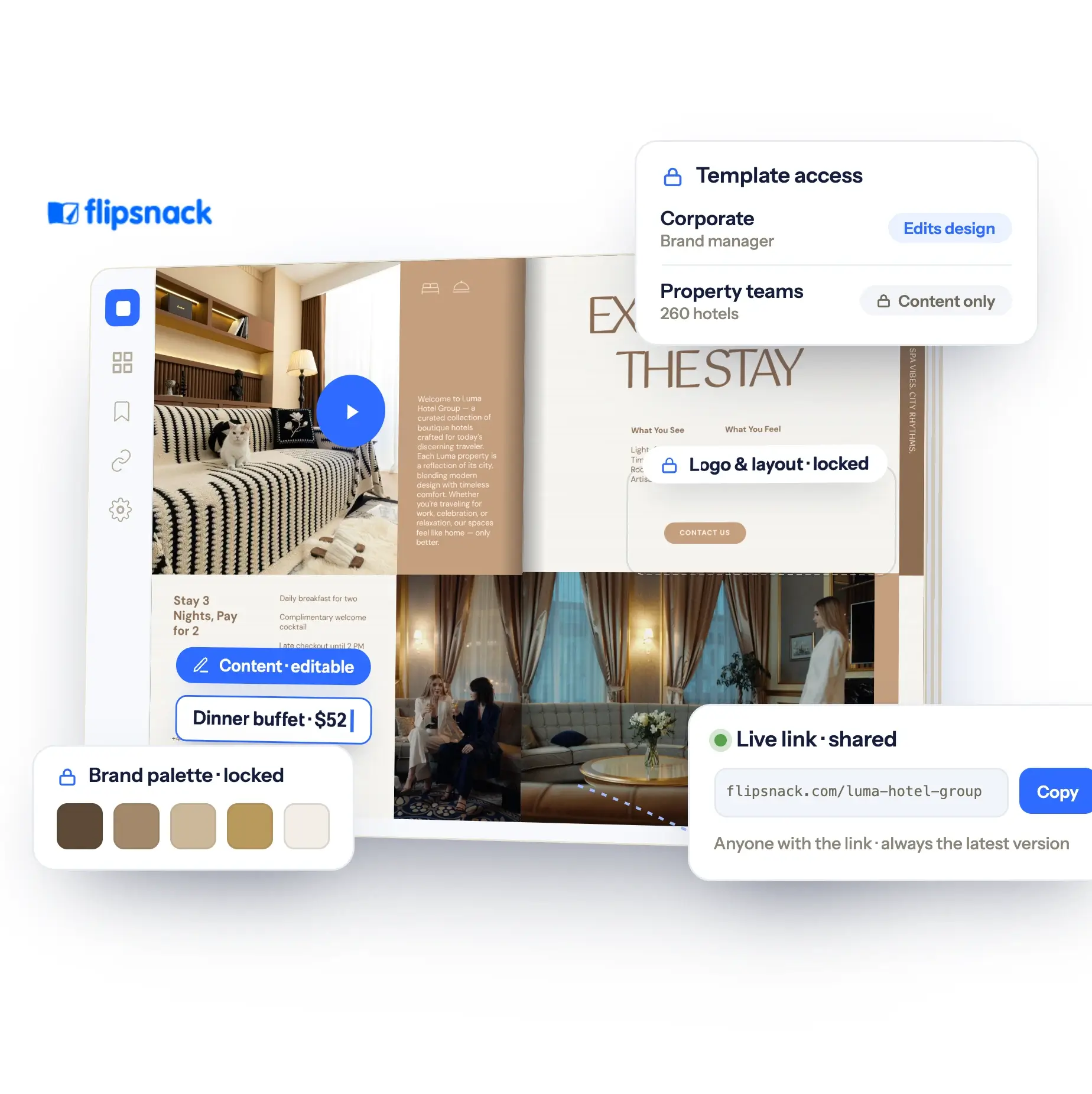 Flipsnack editor showing a hotel group brochure behind one live link, with locked brand palette, template access for 260 properties, and a shared live link